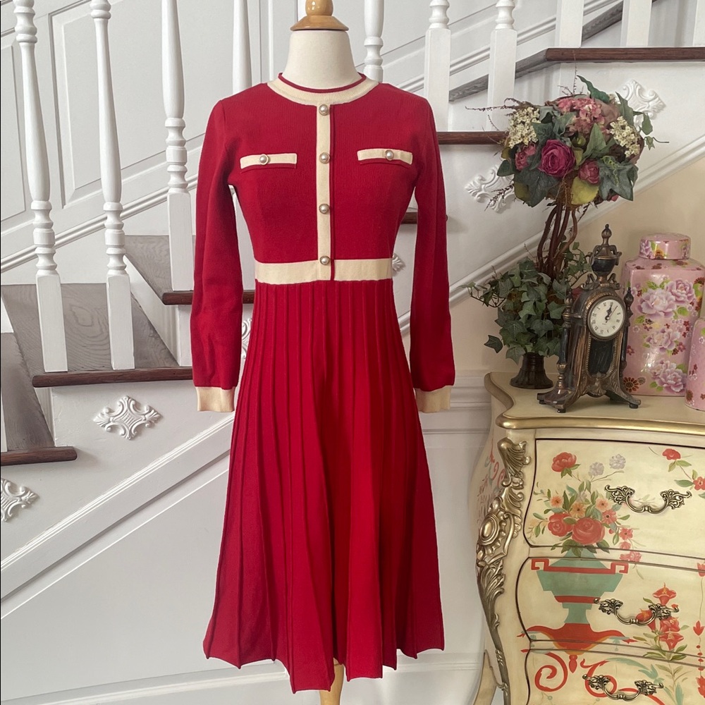 Chic Red Long Sleeve Dress with Button Accents